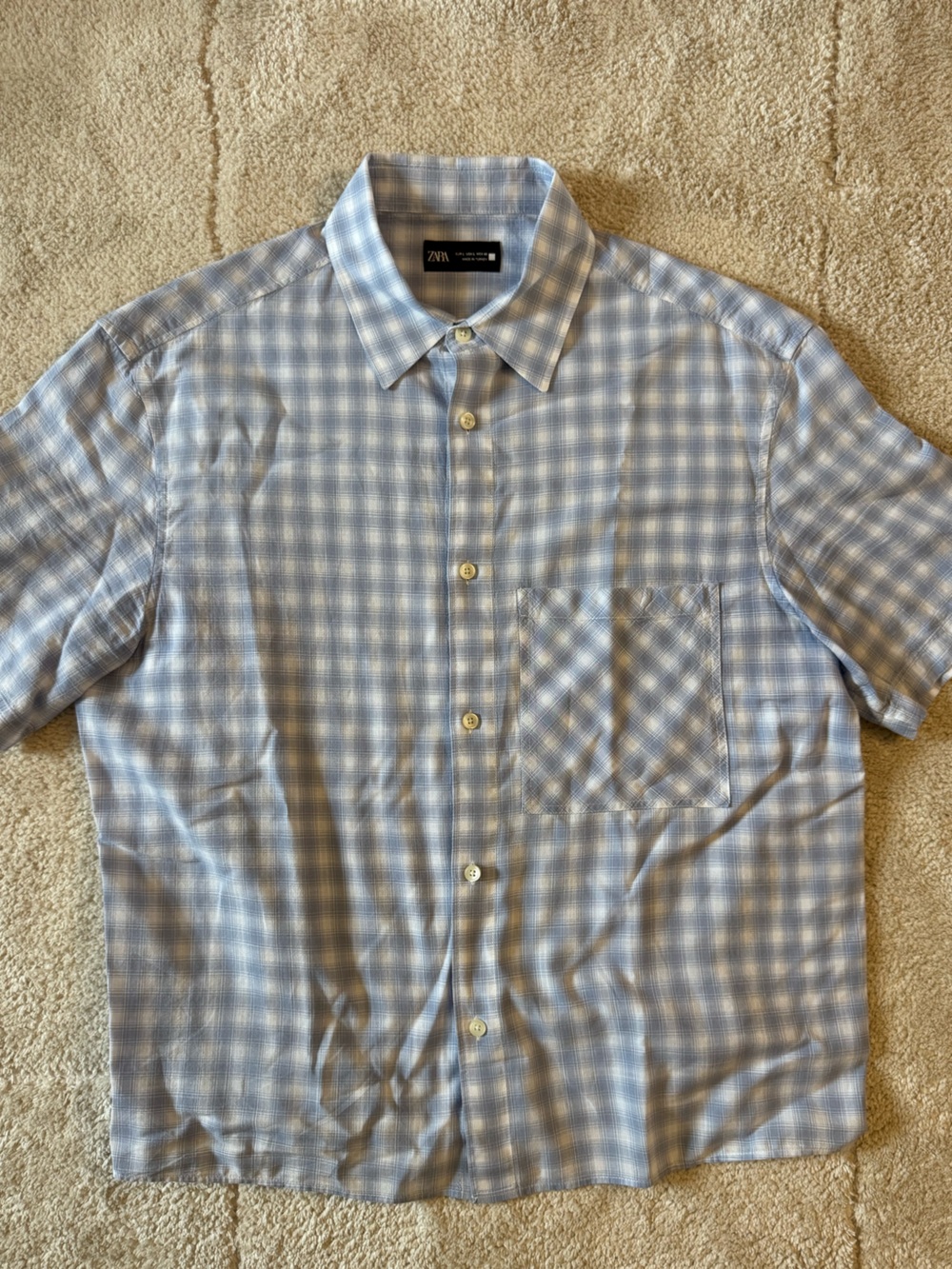Zara Light Blue soft Linen Gingham Short Sleeve Button-Down Shirt
